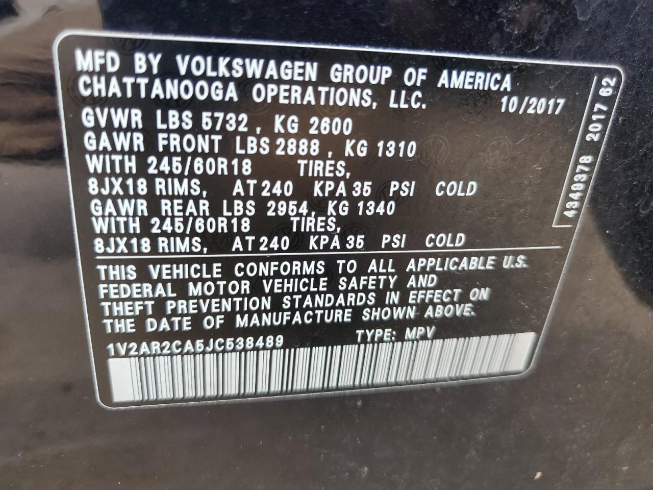 2018 Volkswagen Atlas S VIN: 1V2AR2CA5JC538489 Lot: 64244305