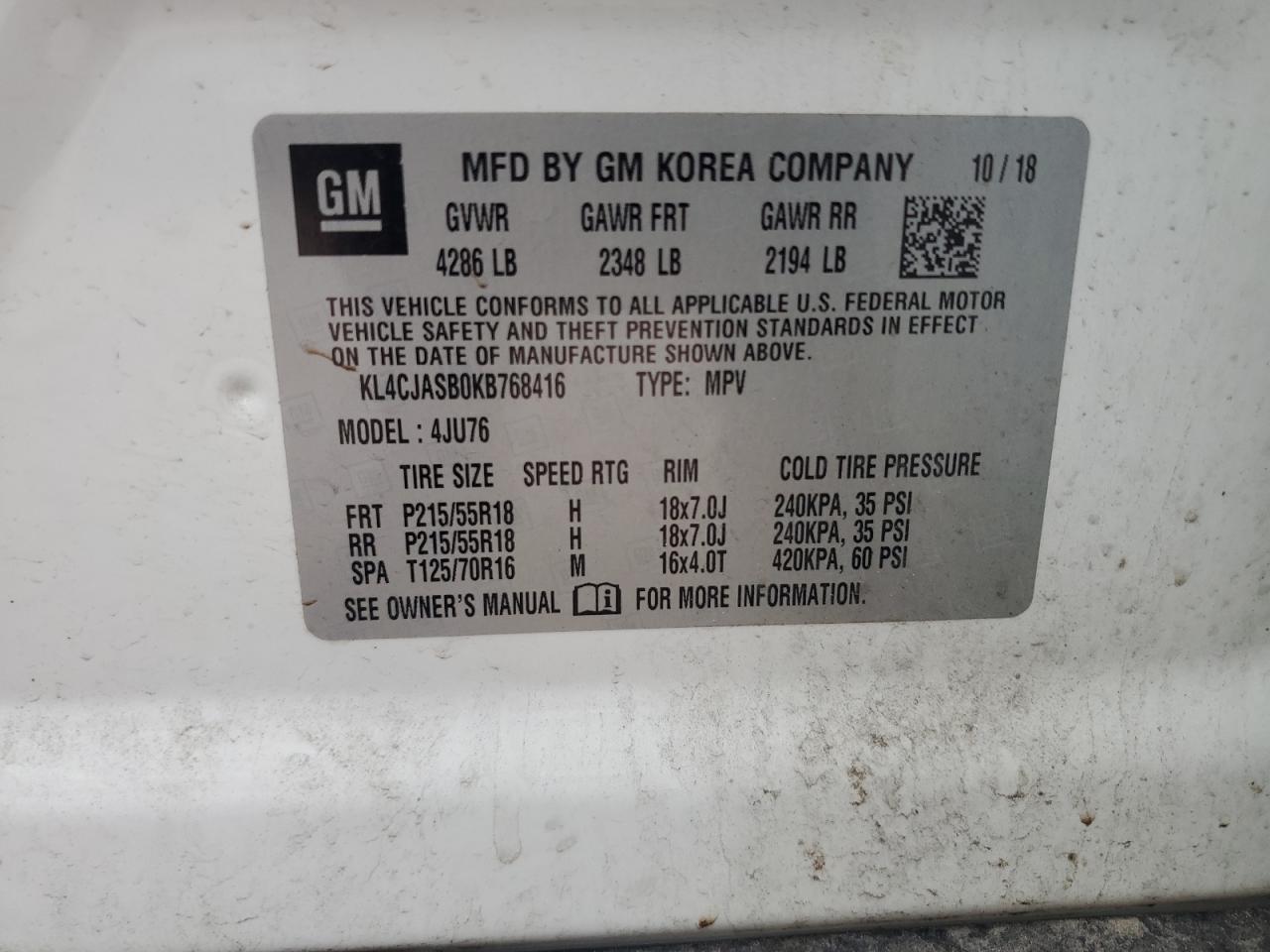 2019 Buick Encore Preferred VIN: KL4CJASB0KB768416 Lot: 66651545