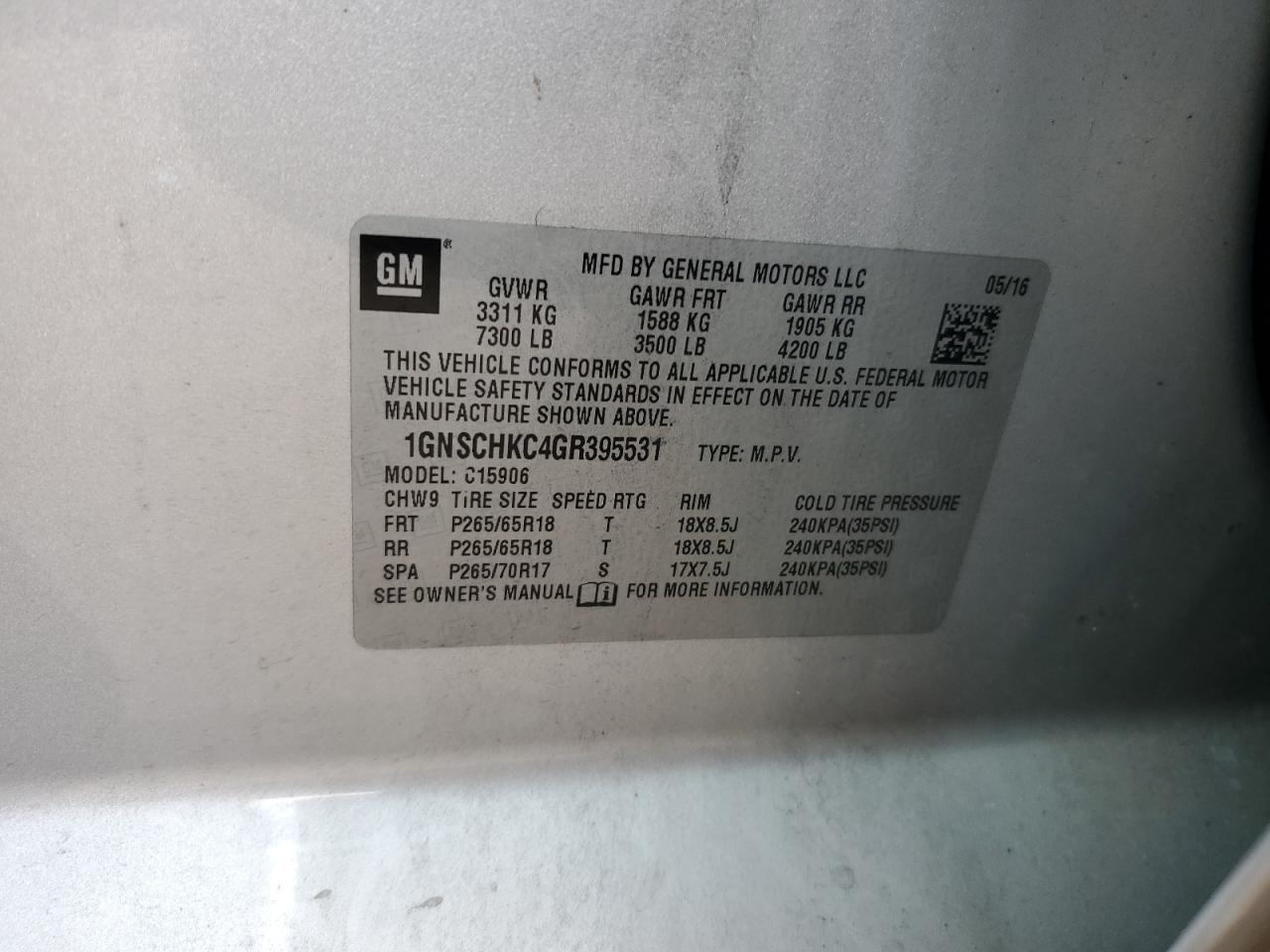 2016 Chevrolet Suburban C1500 Lt VIN: 1GNSCHKC4GR395531 Lot: 62737705