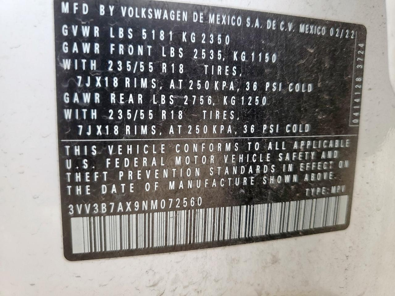 2022 Volkswagen Tiguan Se VIN: 3VV3B7AX9NM072560 Lot: 64673595