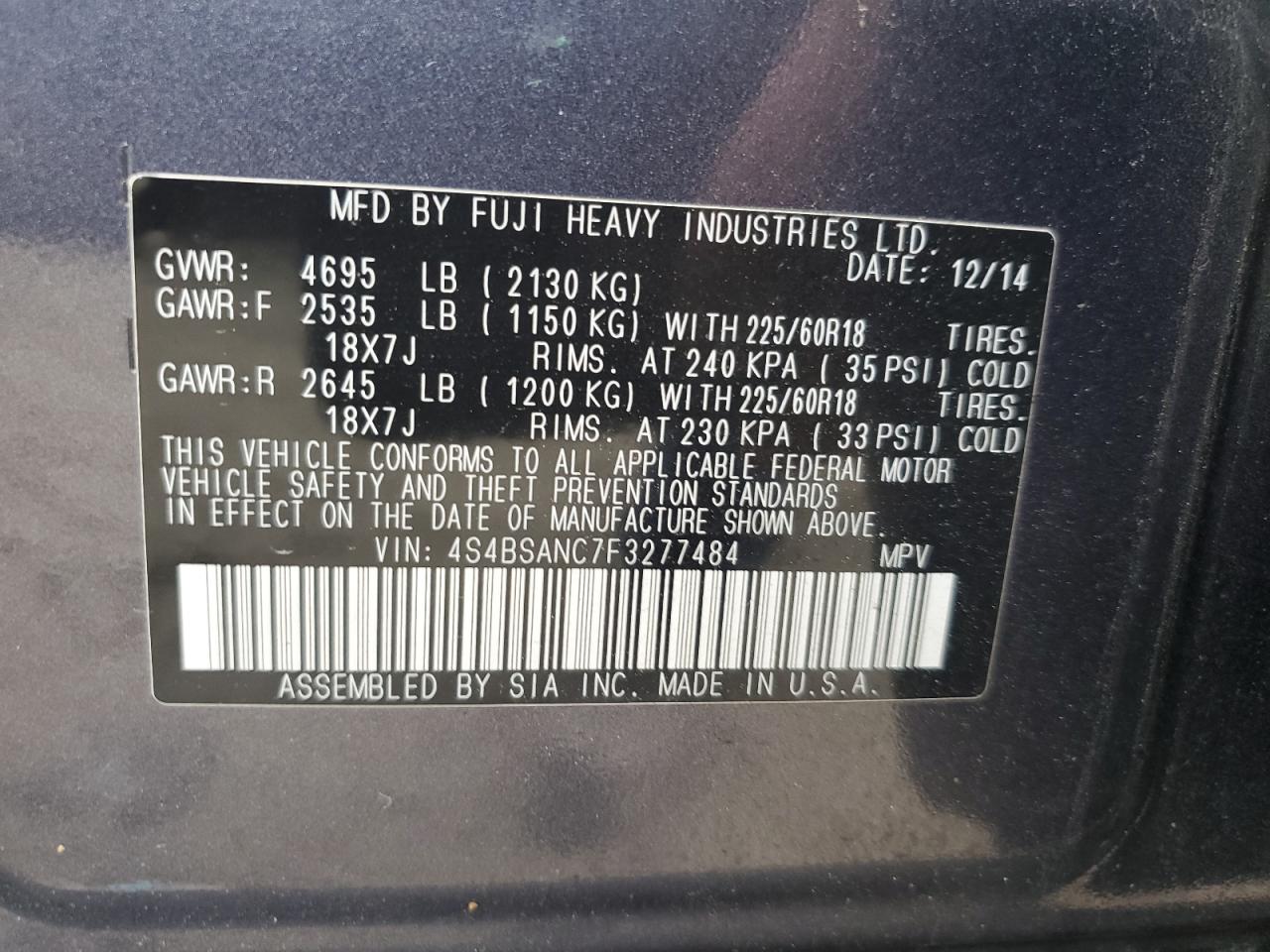 2015 Subaru Outback 2.5I Limited VIN: 4S4BSANC7F3277484 Lot: 63756745