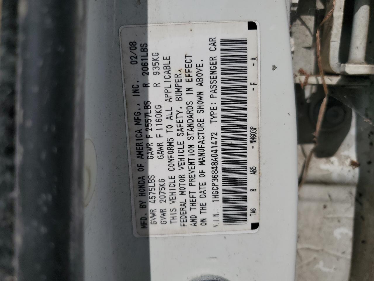 2008 Honda Accord Exl VIN: 1HGCP36848A041472 Lot: 65473855