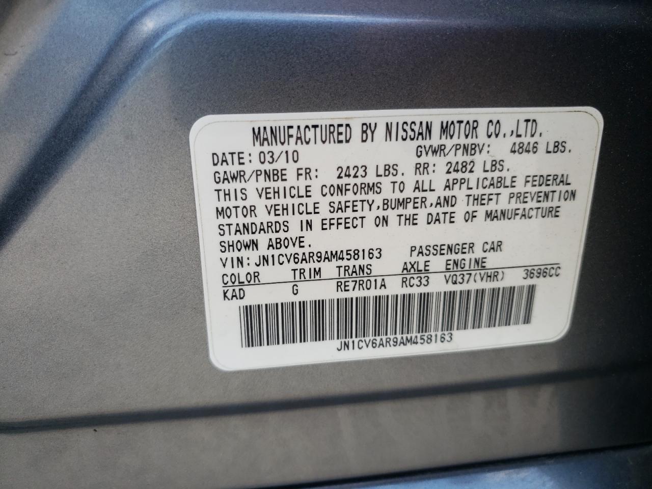 2010 Infiniti G37 VIN: JN1CV6AR9AM458163 Lot: 65692965