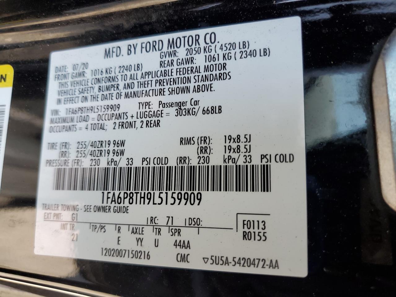 2020 Ford Mustang VIN: 1FA6P8TH9L5159909 Lot: 64253465