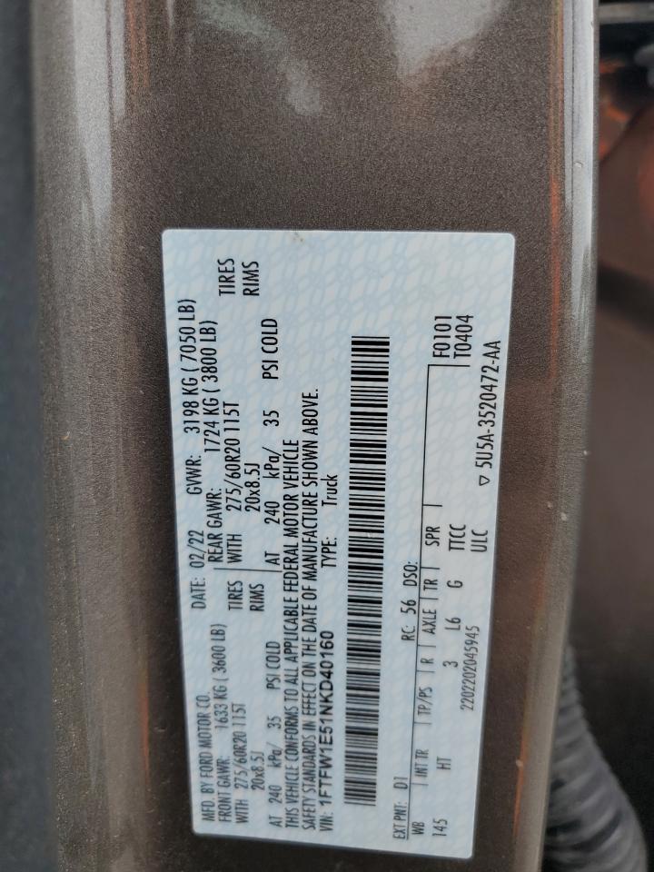 2022 Ford F150 Supercrew VIN: 1FTFW1E51NKD40160 Lot: 62201255