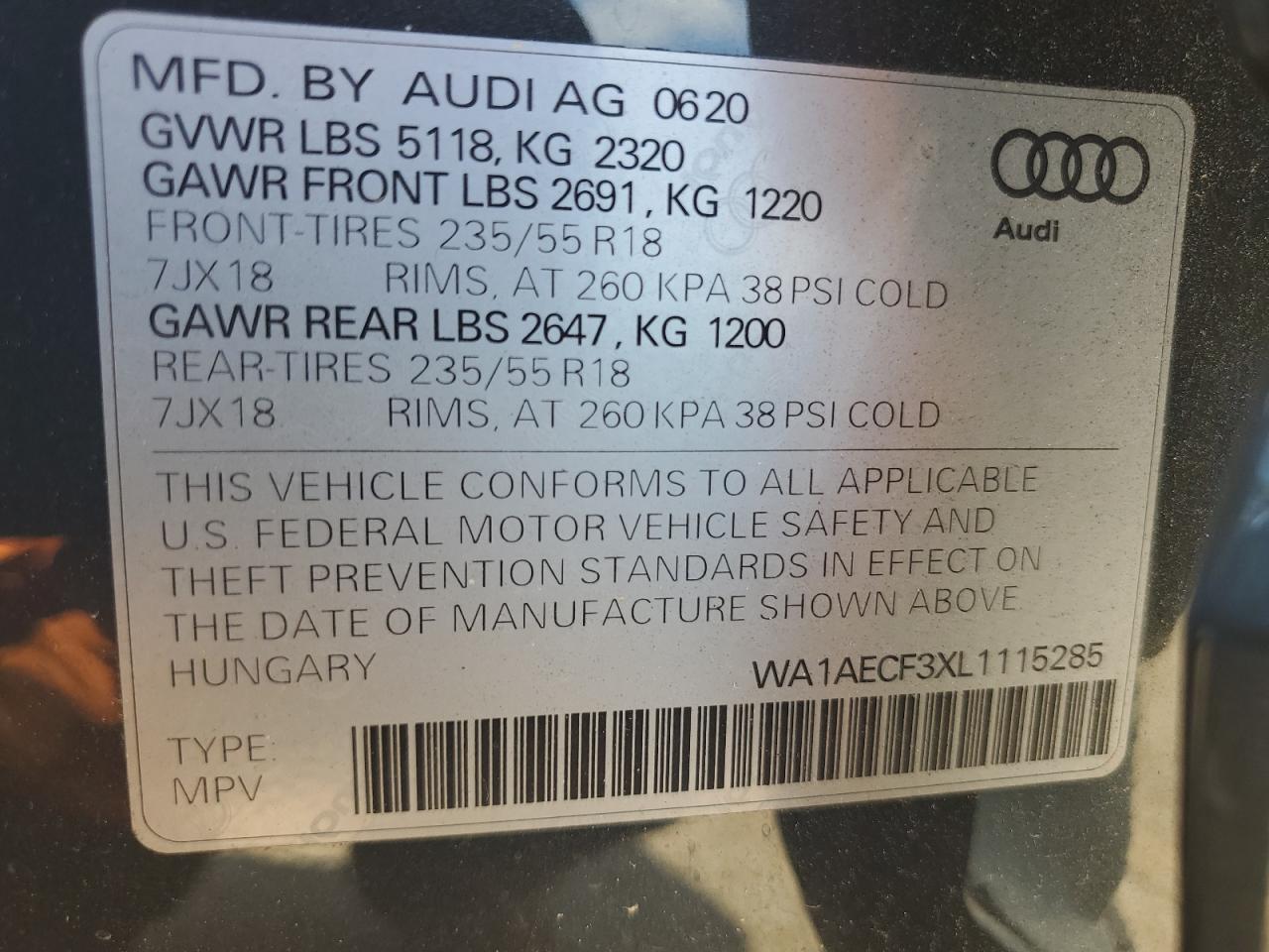 2020 Audi Q3 Premium VIN: WA1AECF3XL1115285 Lot: 62846345