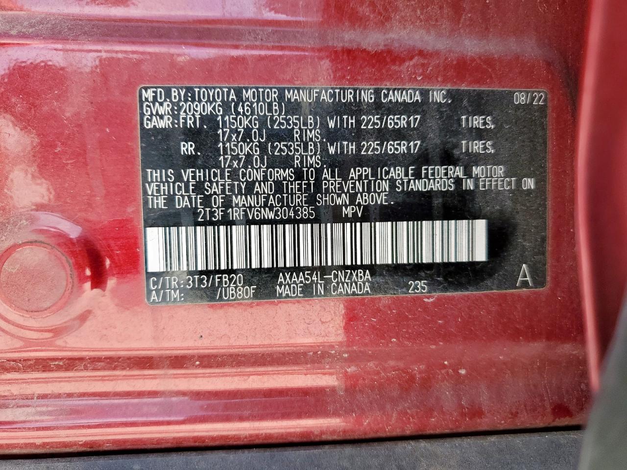 2022 Toyota Rav4 Le VIN: 2T3F1RFV6NW304385 Lot: 63497405