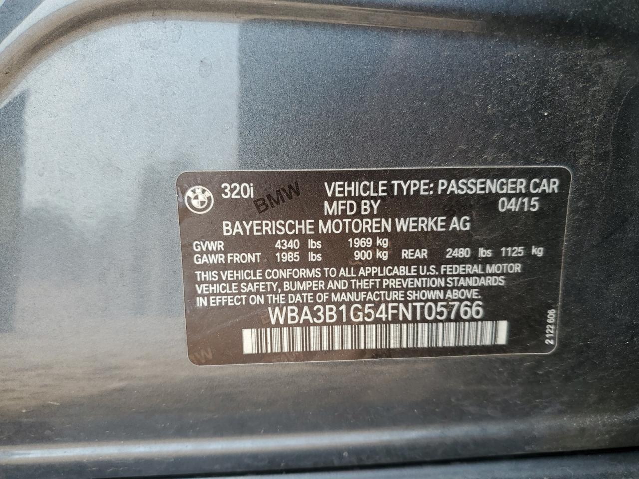 2015 BMW 320 I VIN: WBA3B1G54FNT05766 Lot: 63808485