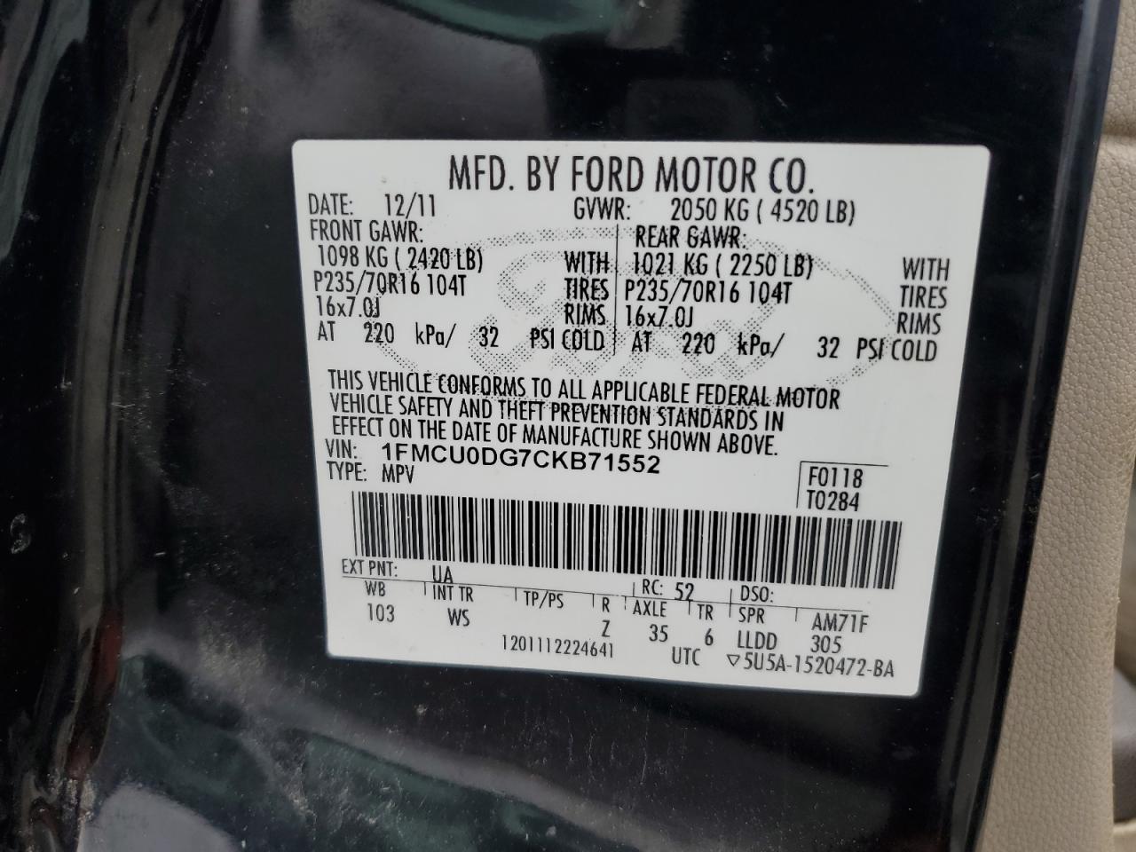2012 Ford Escape Xlt VIN: 1FMCU0DG7CKB71552 Lot: 65038615