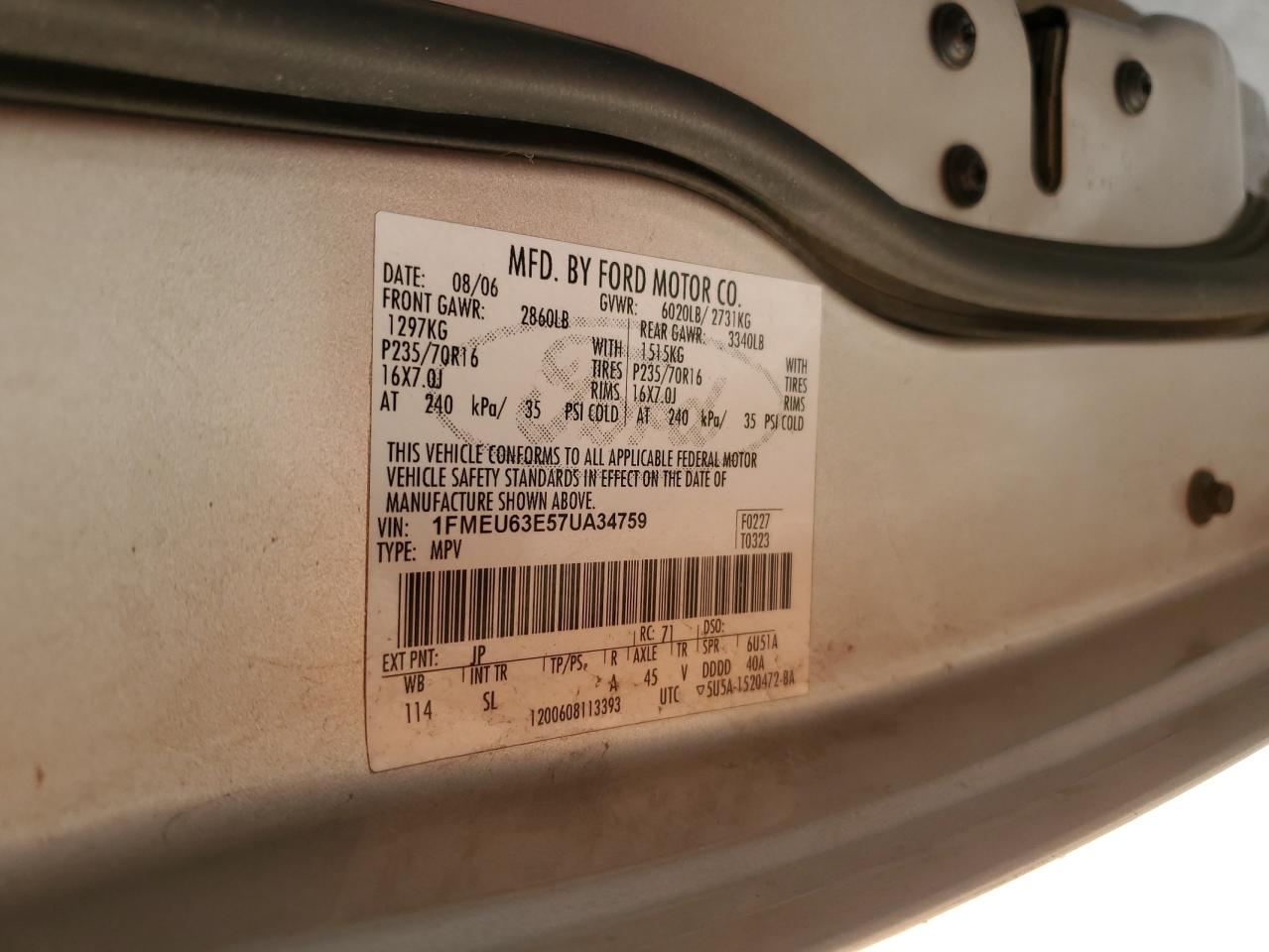 2007 Ford Explorer Xlt VIN: 1FMEU63E57UA34759 Lot: 65446055