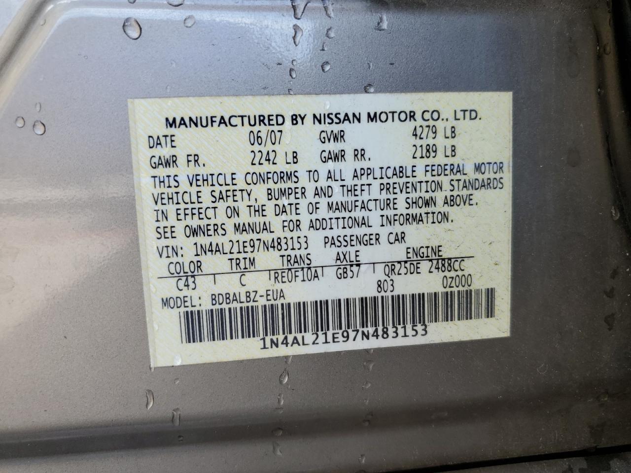 2007 Nissan Altima 2.5 VIN: 1N4AL21E97N483153 Lot: 64259295