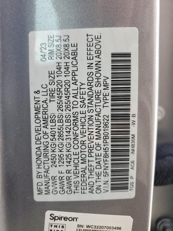 2023 Honda Passport Exl VIN: 5FNYF8H51PB019622 Lot: 63016095
