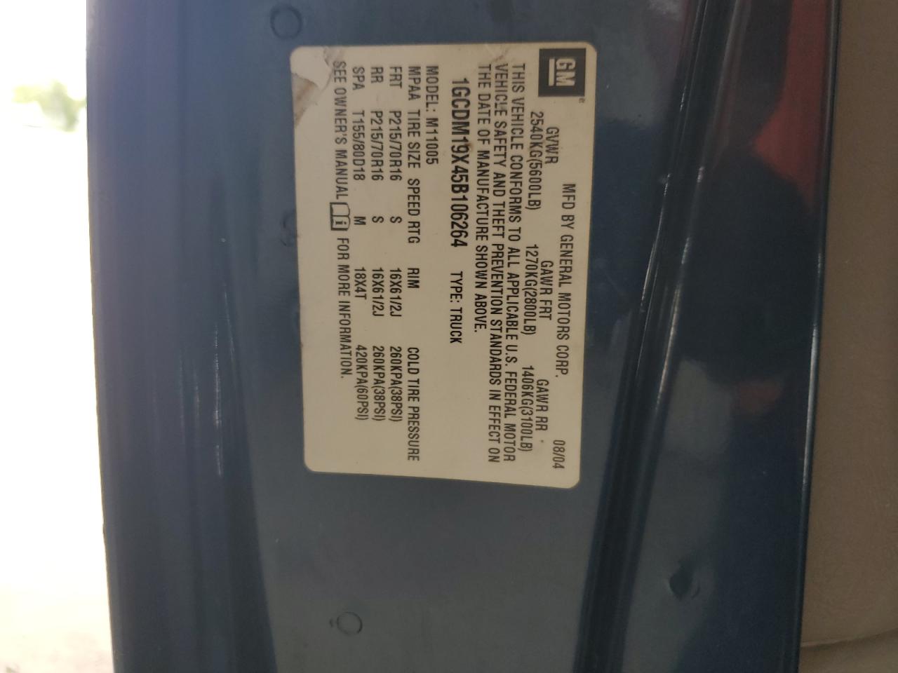 2005 Chevrolet Astro VIN: 1GCDM19X45B106264 Lot: 65242445