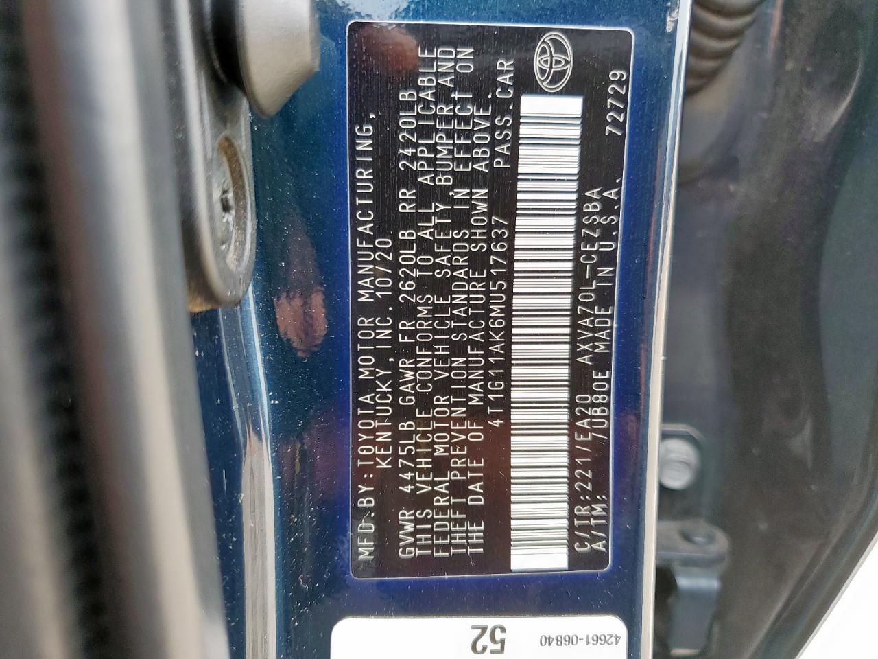 2021 Toyota Camry Se VIN: 4T1H11AK6MU517637 Lot: 63218475