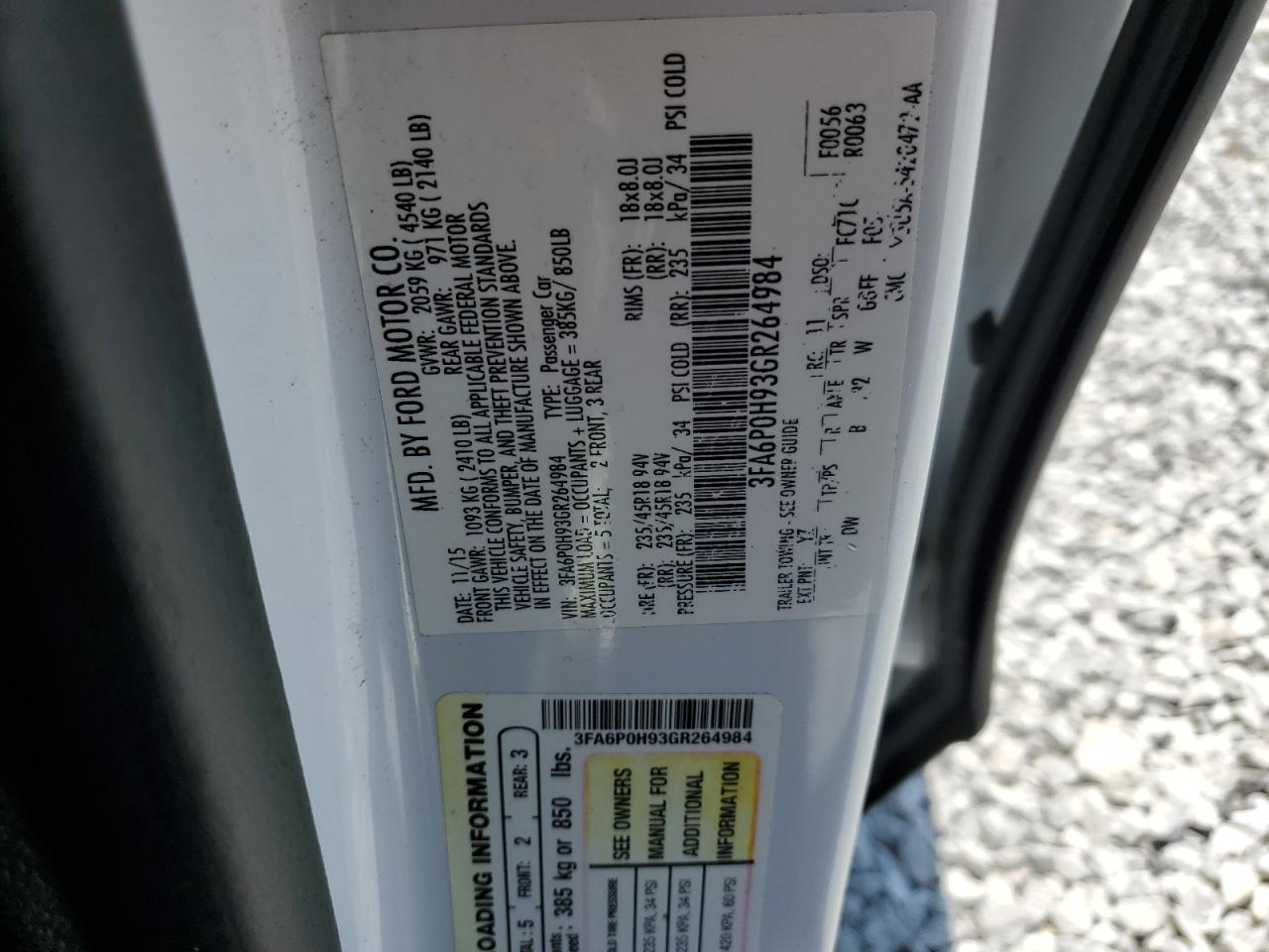 2016 Ford Fusion Se VIN: 3FA6P0H93GR264984 Lot: 65131105