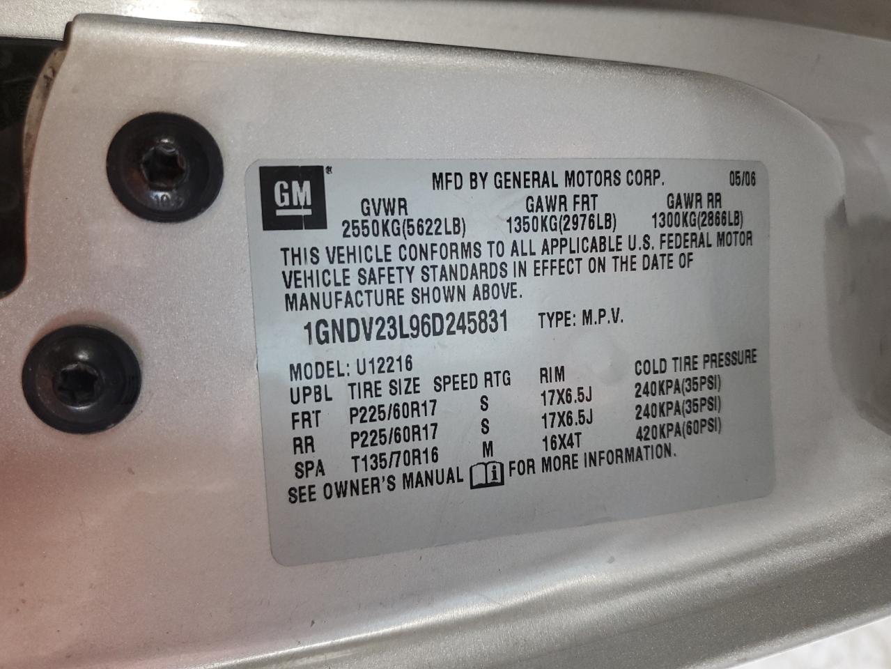 2006 Chevrolet Uplander Ls VIN: 1GNDV23L96D245831 Lot: 64121075