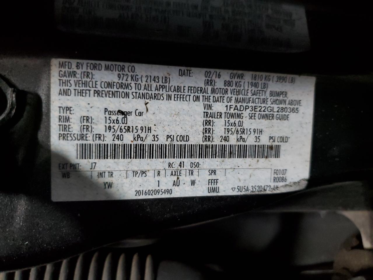 2016 Ford Focus S VIN: 1FADP3E22GL280365 Lot: 64836235