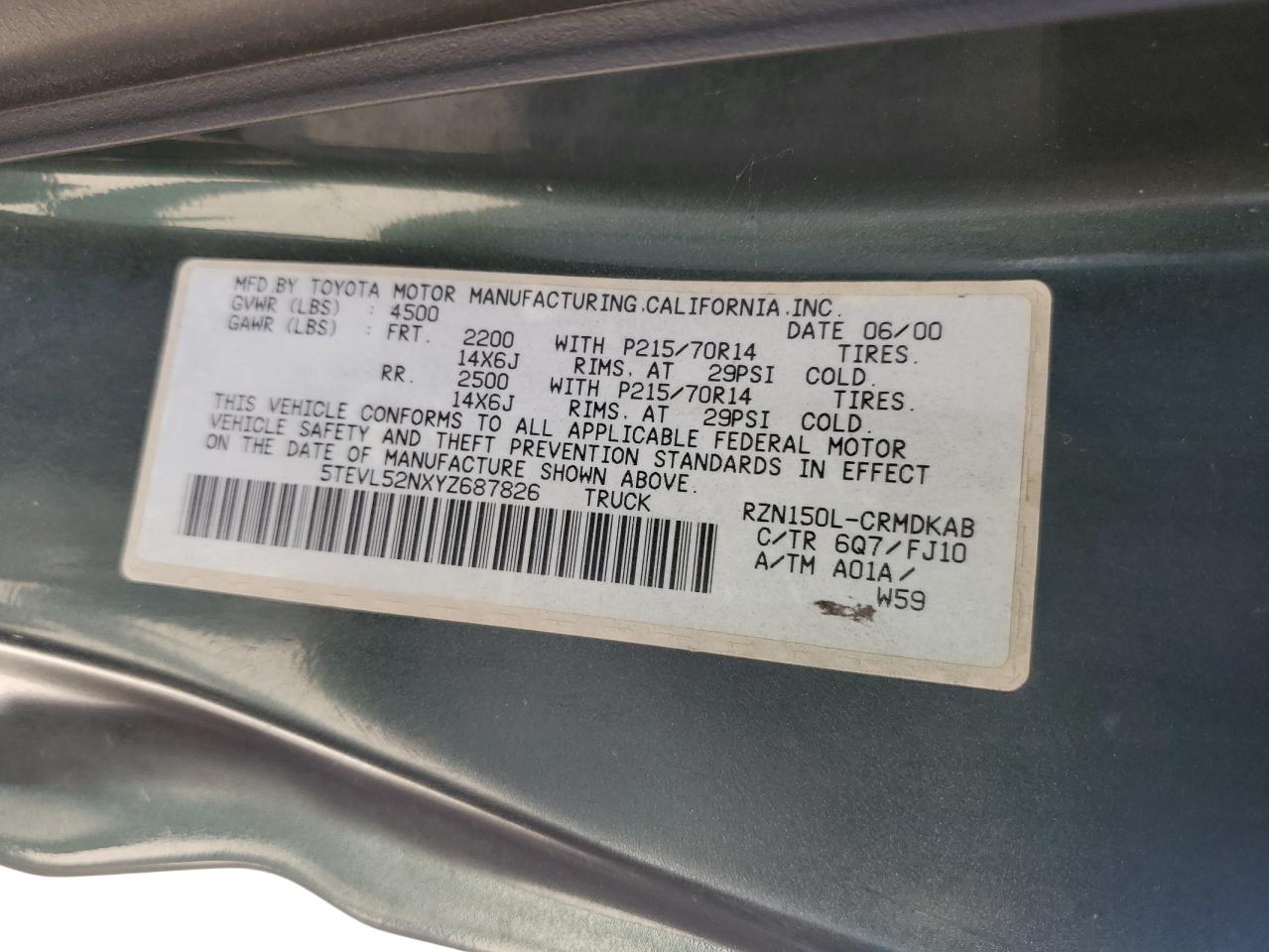 2000 Toyota Tacoma Xtracab VIN: 5TEVL52NXYZ687826 Lot: 62780785