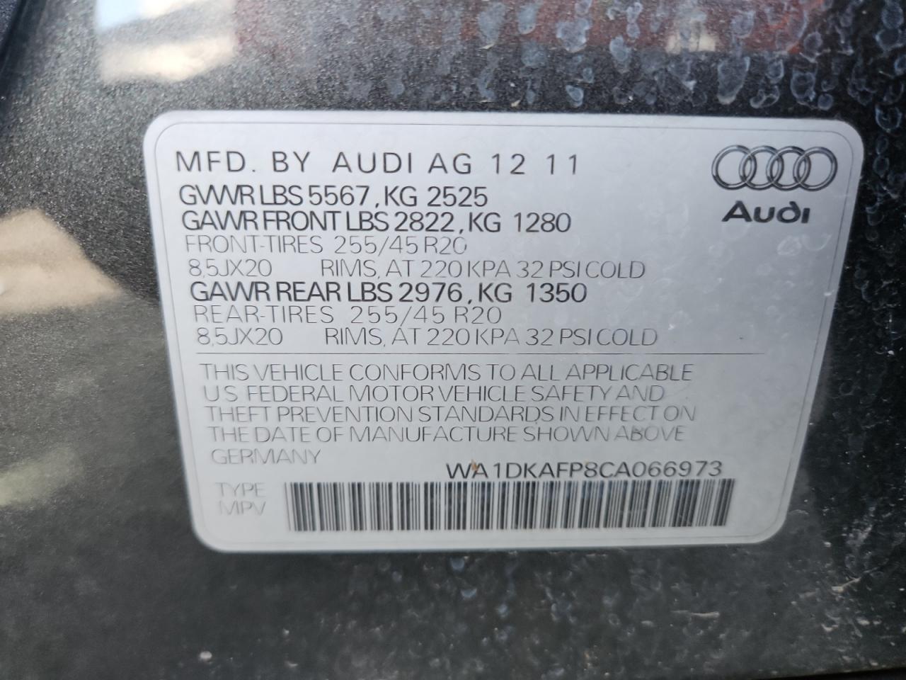2012 Audi Q5 Premium Plus VIN: WA1DKAFP8CA066973 Lot: 65120435