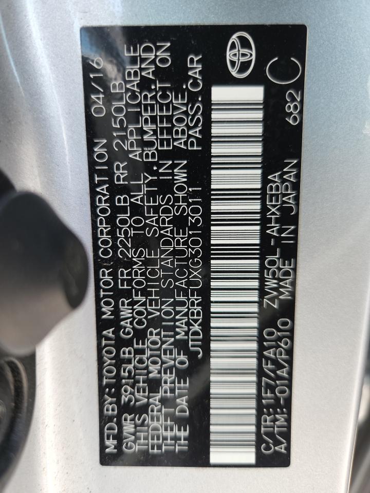 2016 Toyota Prius VIN: JTDKBRFUXG3013011 Lot: 63574895