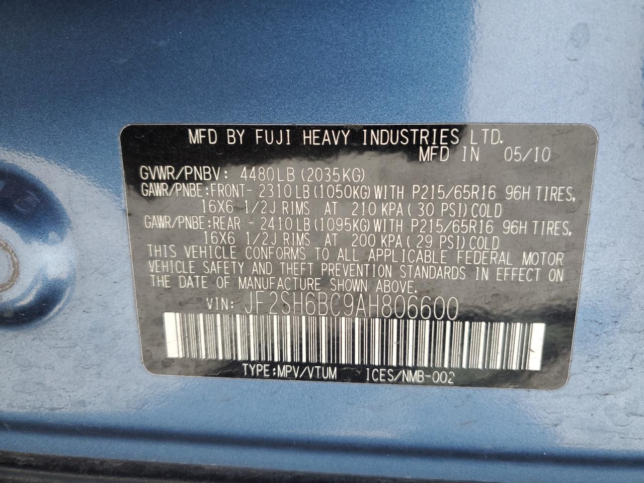 2010 Subaru Forester Xs VIN: JF2SH6BC9AH806600 Lot: 63317065
