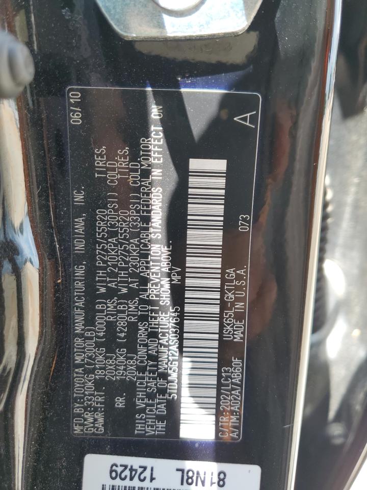 2010 Toyota Sequoia Limited VIN: 5TDJW5G12AS037645 Lot: 65016655