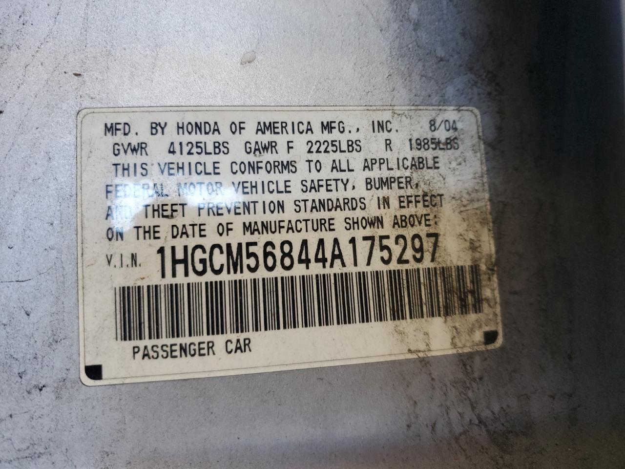 2004 Honda Accord Ex VIN: 1HGCM56844A175297 Lot: 64684915