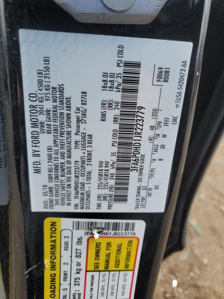 2018 Ford Fusion Se VIN: 3FA6P0HD1JR223779 Lot: 65365755