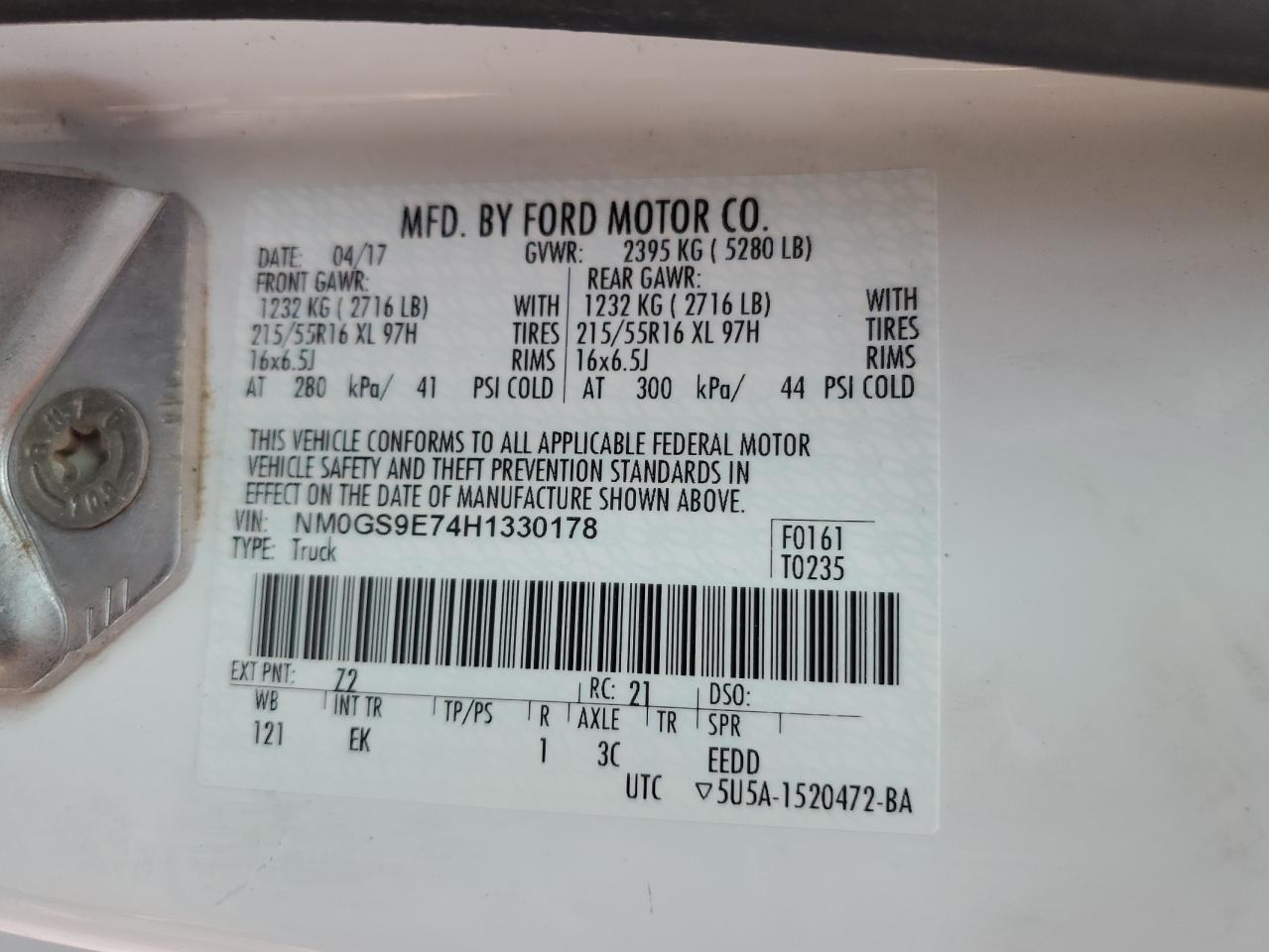 2017 Ford Transit Connect Xl VIN: NM0GS9E74H1330178 Lot: 62132165
