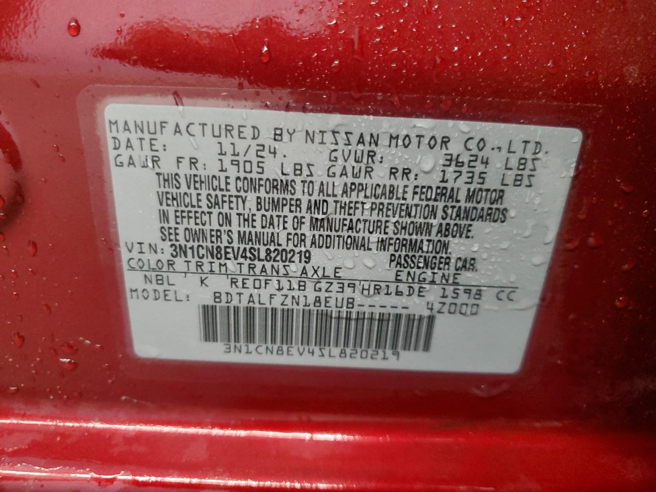 2025 Nissan Versa Sv VIN: 3N1CN8EV4SL820219 Lot: 64165805