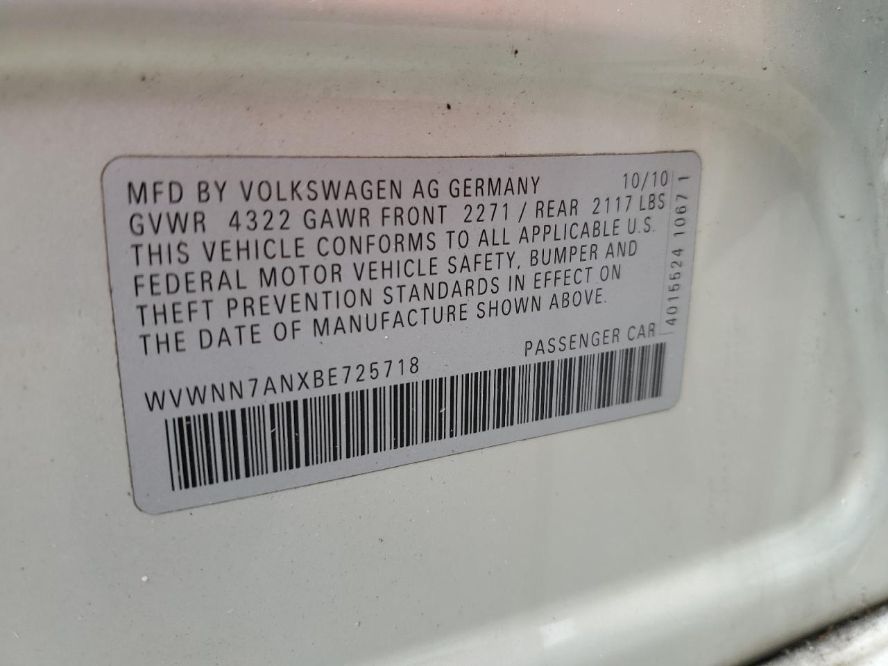 2011 Volkswagen Cc Sport VIN: WVWNN7ANXBE725718 Lot: 64894845