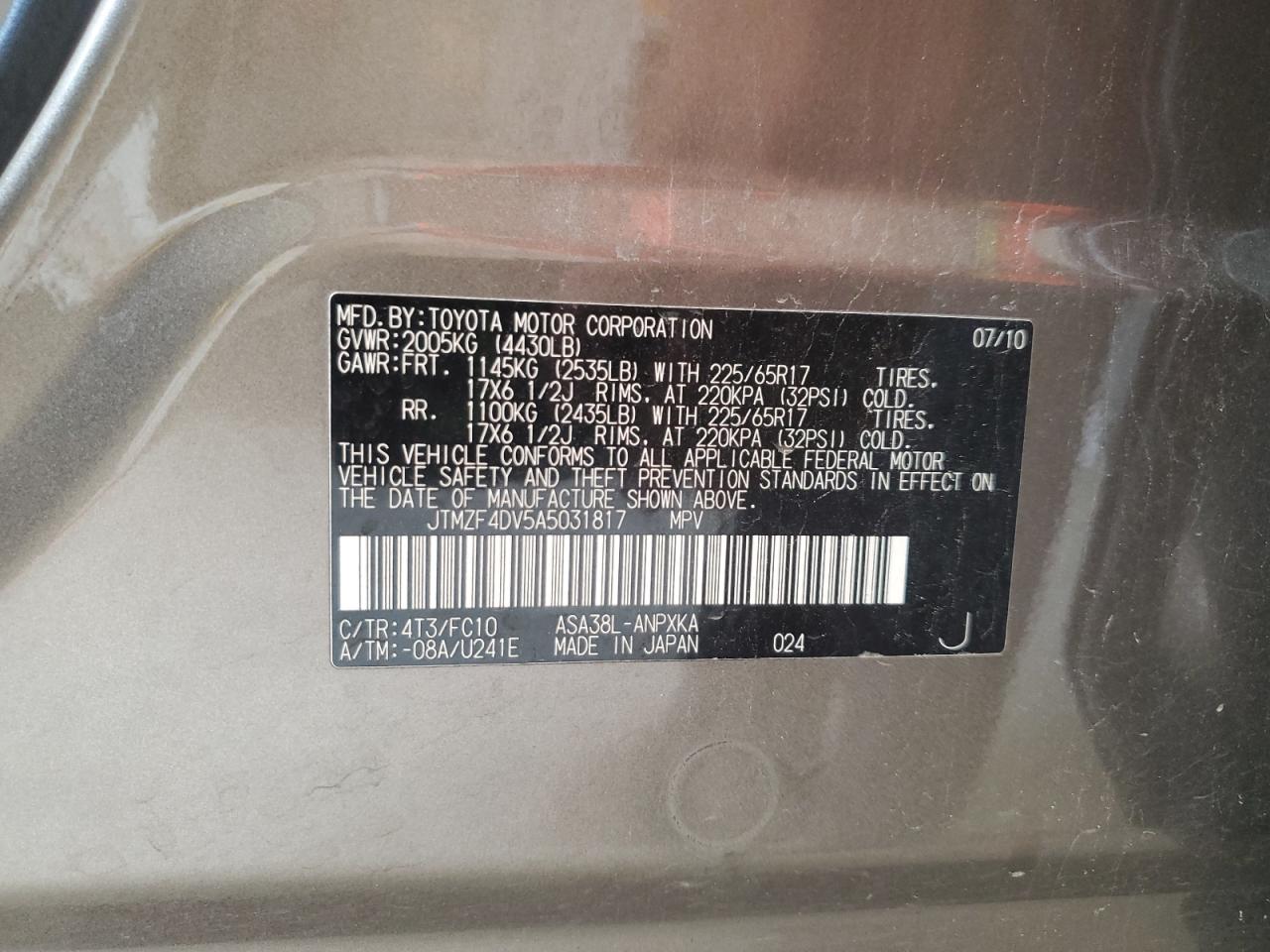 2010 Toyota Rav4 VIN: JTMZF4DV5A5031817 Lot: 64453015