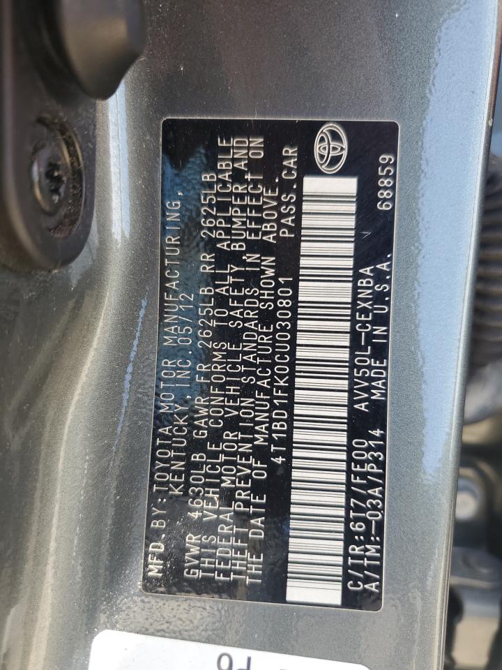 2012 Toyota Camry Hybrid VIN: 4T1BD1FK0CU030801 Lot: 59597215