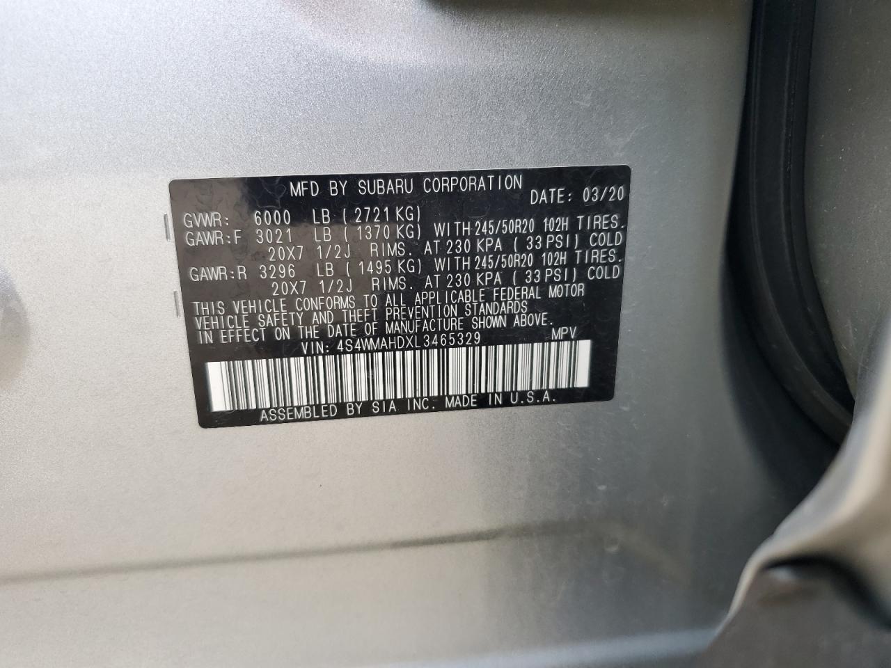 2020 Subaru Ascent Premium VIN: 4S4WMAHDXL3465329 Lot: 64795925