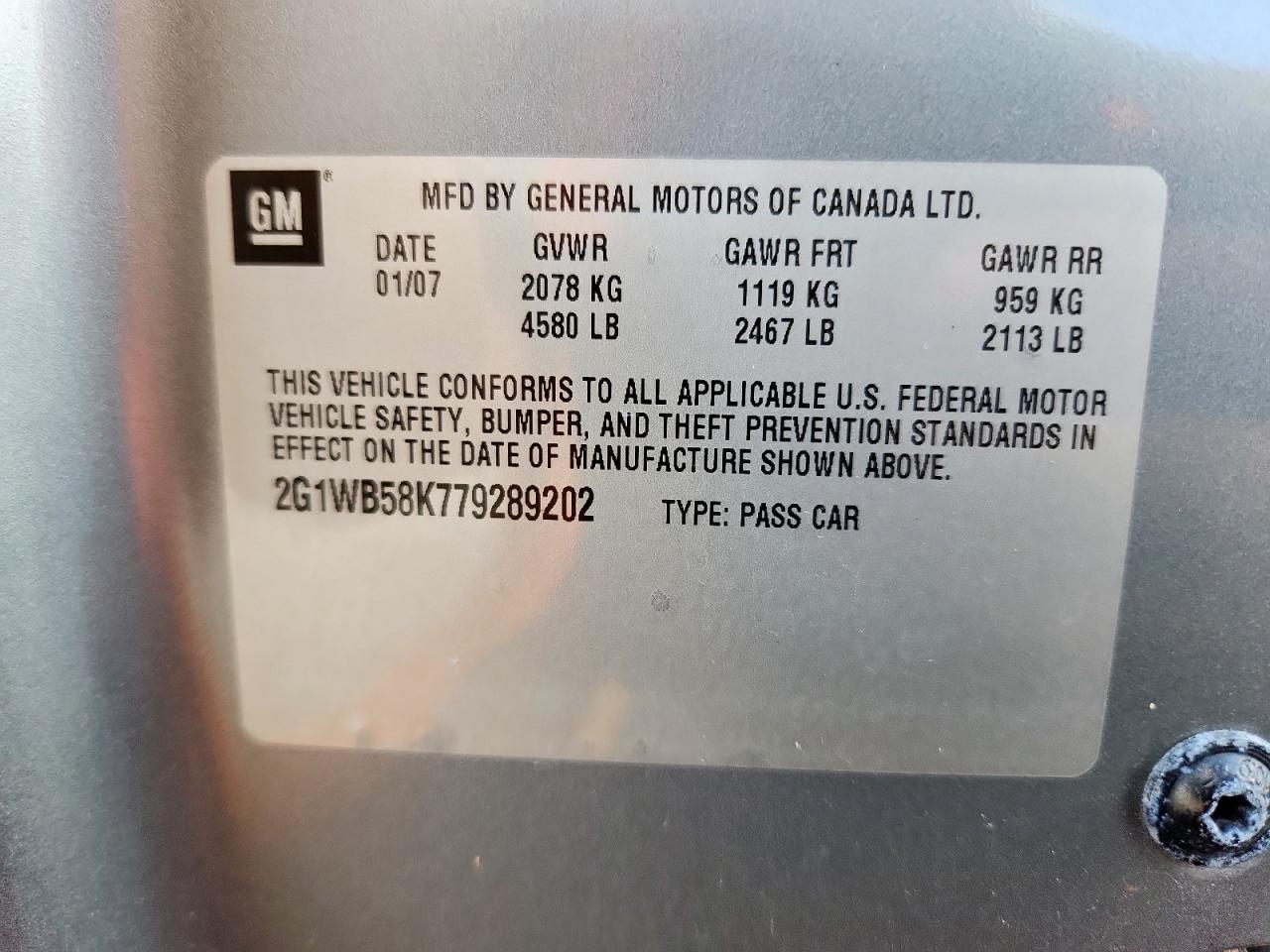 2007 Chevrolet Impala Ls VIN: 2G1WB58K779289202 Lot: 64958625