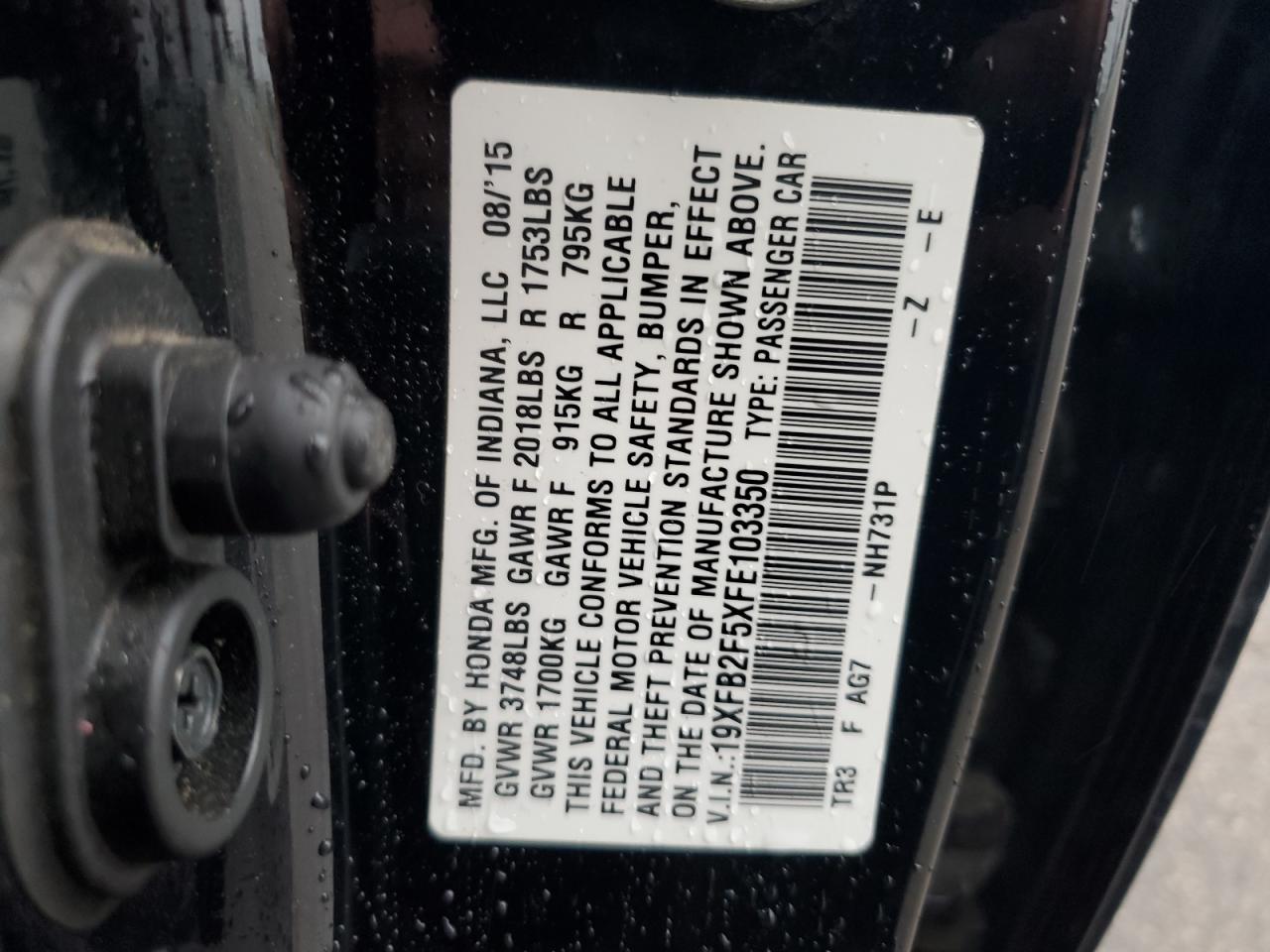 2015 Honda Civic Lx VIN: 19XFB2F5XFE103350 Lot: 65464225