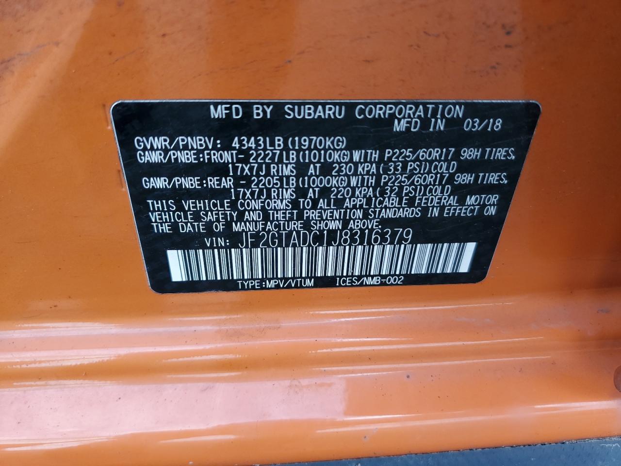 2018 Subaru Crosstrek Premium VIN: JF2GTADC1J8316379 Lot: 63738725