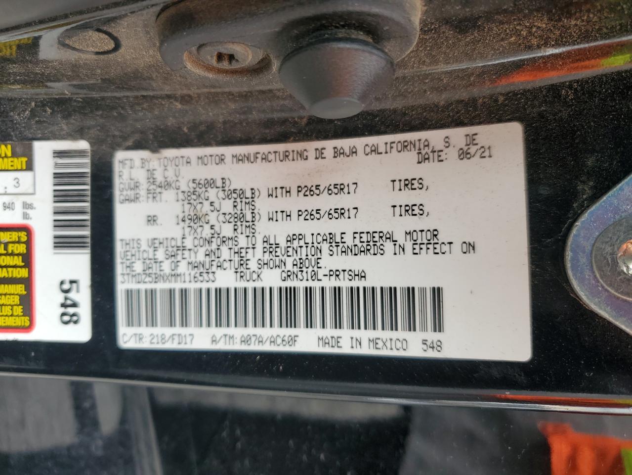 2021 Toyota Tacoma Double Cab VIN: 3TMDZ5BNXMM116533 Lot: 65466385