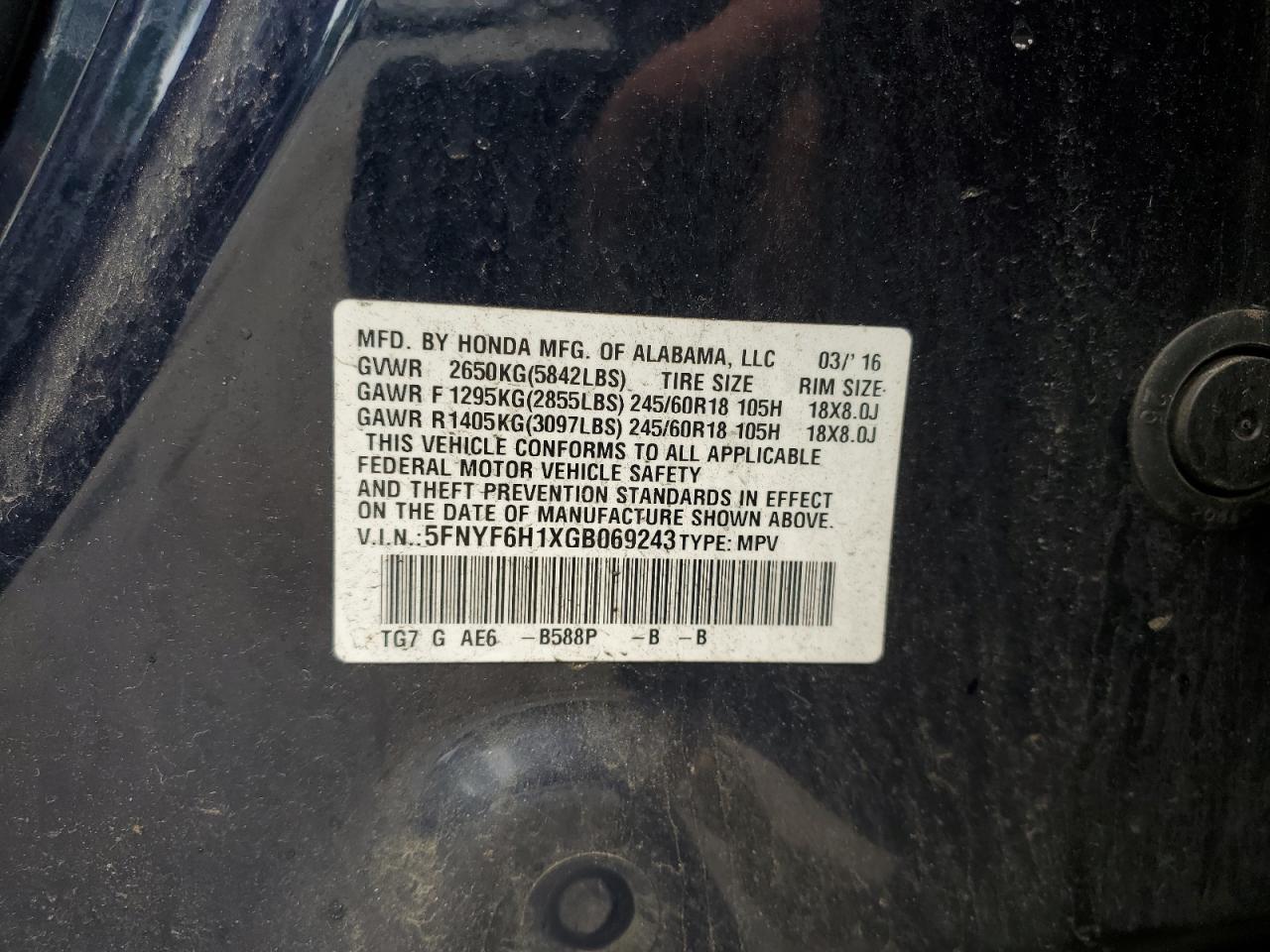 2016 Honda Pilot Lx VIN: 5FNYF6H1XGB069243 Lot: 64268965