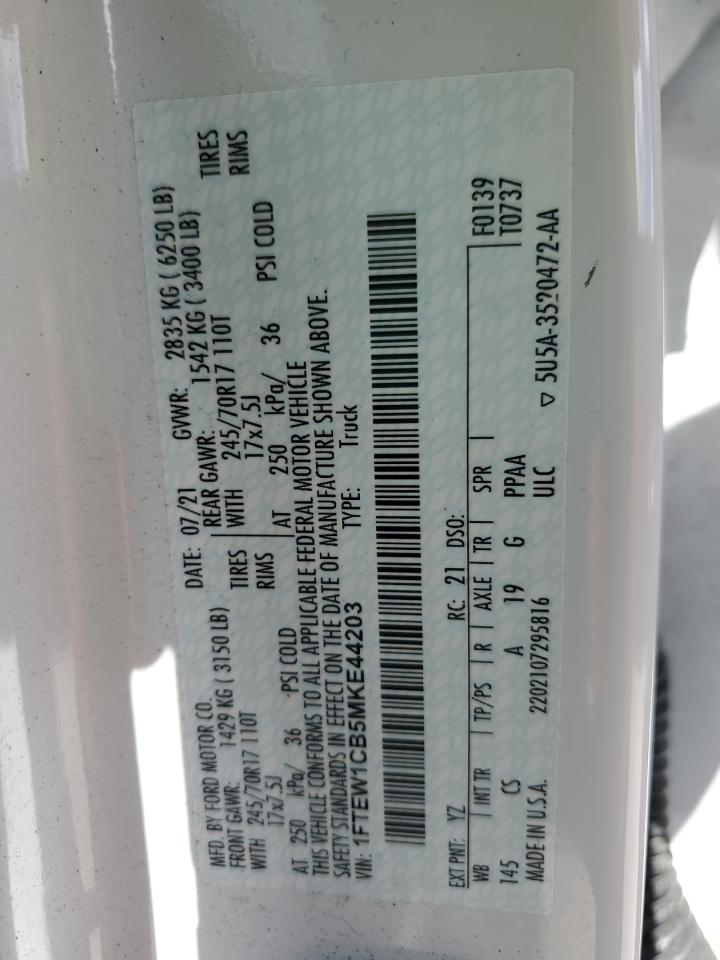 2021 Ford F150 Supercrew VIN: 1FTEW1CB5MKE44203 Lot: 65263945