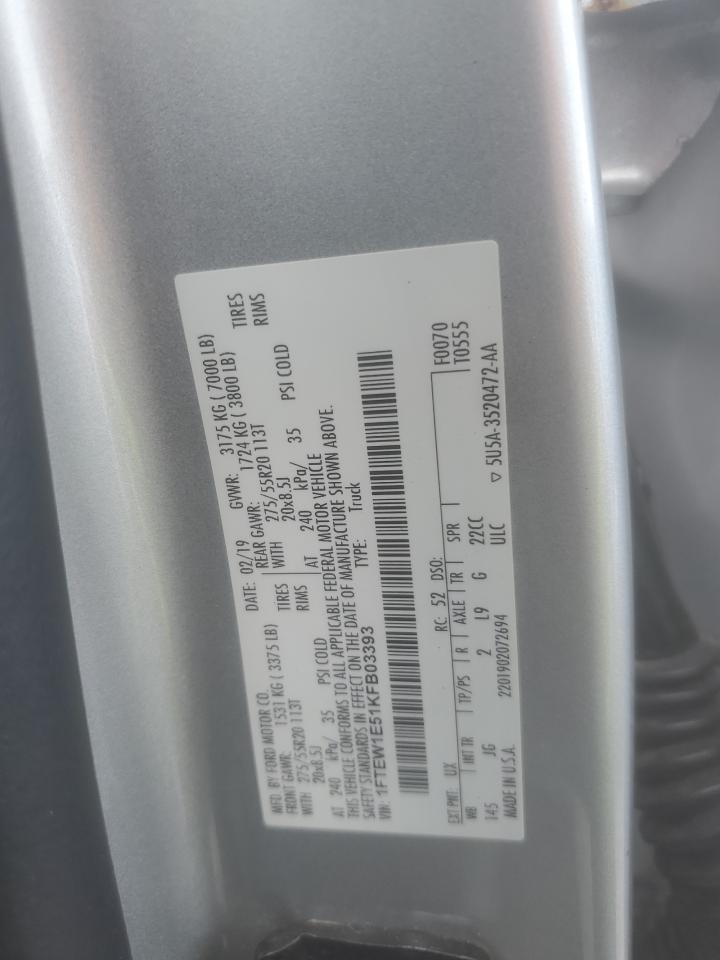 2019 Ford F150 Supercrew VIN: 1FTEW1E51KFB03393 Lot: 66498785