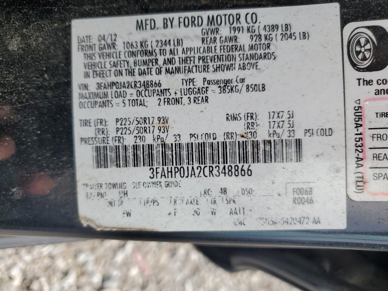 2012 Ford Fusion Sel VIN: 3FAHP0JA2CR348866 Lot: 64558715