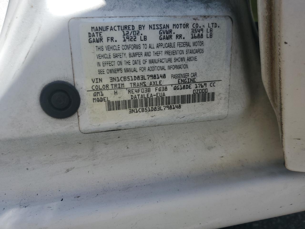 2003 Nissan Sentra Xe VIN: 3N1CB51D83L798148 Lot: 65509605