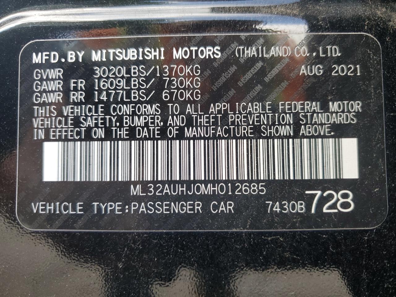2021 Mitsubishi Mirage Es VIN: ML32AUHJ0MH012685 Lot: 65085595
