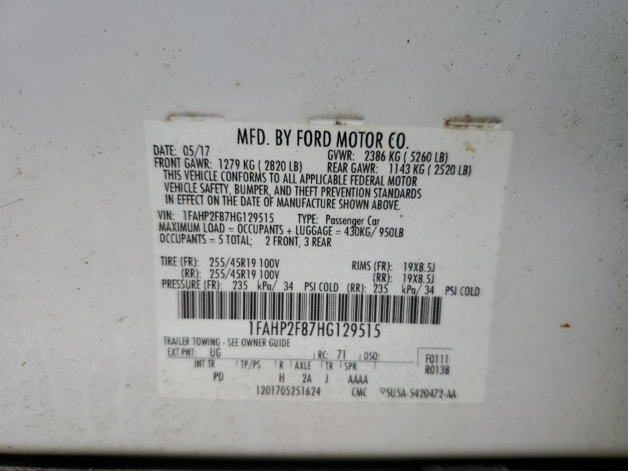 2017 Ford Taurus Limited VIN: 1FAHP2F87HG129515 Lot: 63812825