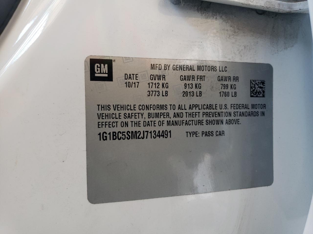 2018 Chevrolet Cruze Ls VIN: 1G1BC5SM2J7134491 Lot: 64506445
