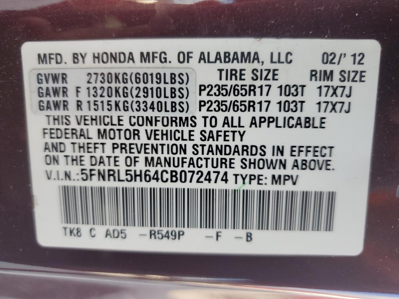 2012 Honda Odyssey Exl VIN: 5FNRL5H64CB072474 Lot: 63003255