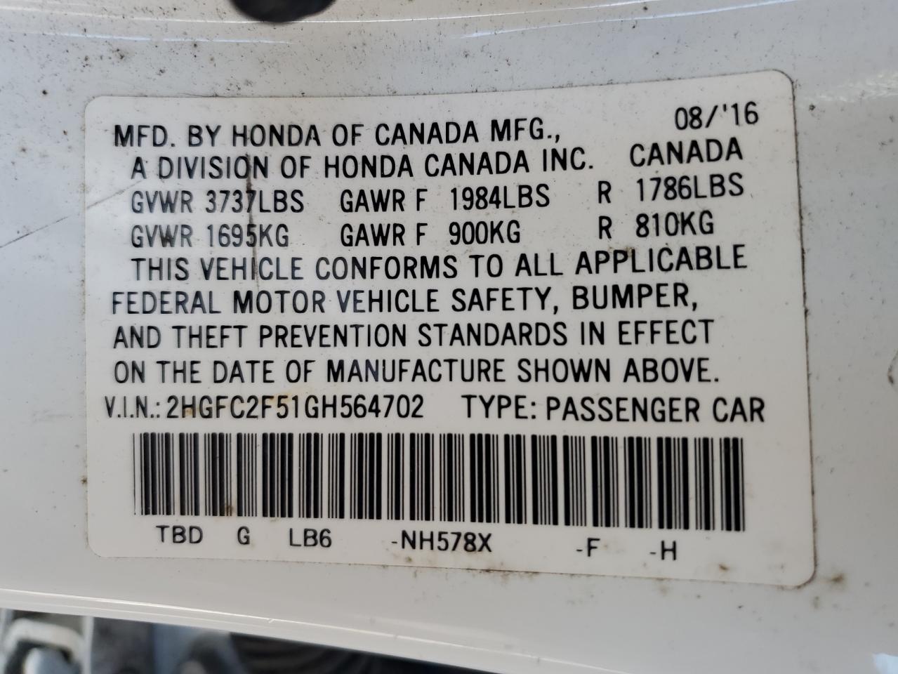 2016 Honda Civic Lx VIN: 2HGFC2F51GH564702 Lot: 66395675