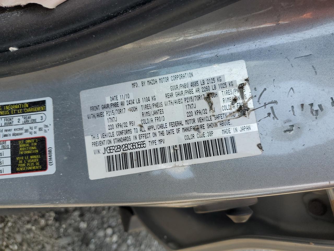 2011 Mazda Cx-7 VIN: JM3ER2BM2B0360565 Lot: 65140045