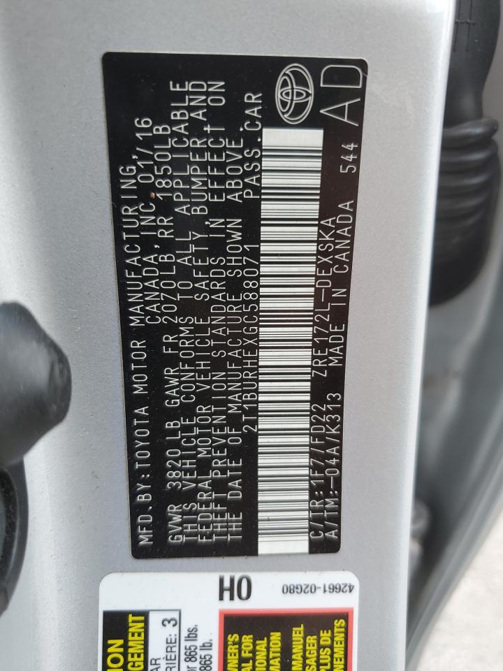 2016 Toyota Corolla L VIN: 2T1BURHEXGC588071 Lot: 66470045